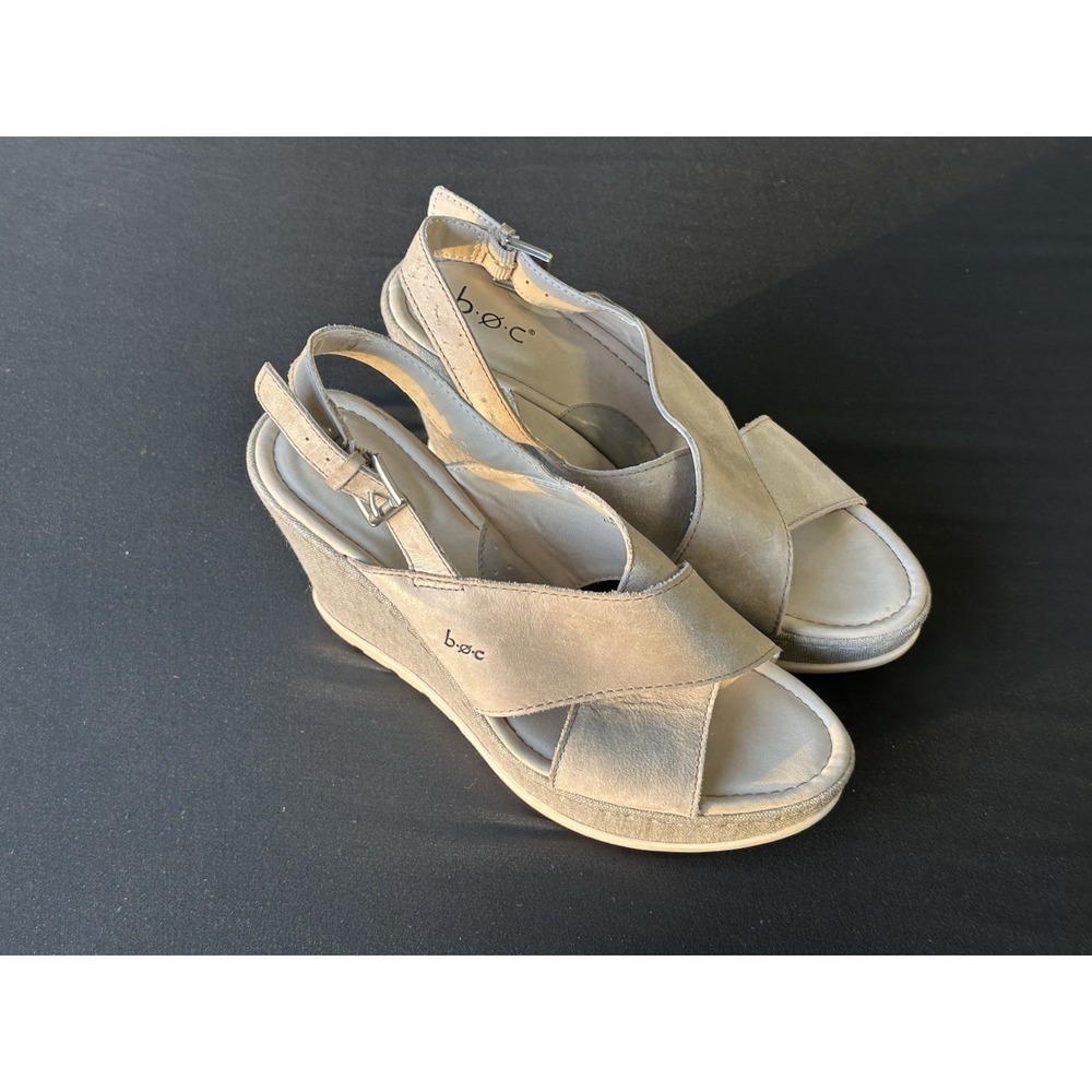 Born BOC Womens Slingback Wedge Sandals 8M Gray Beige Leather Open Toe Z14122